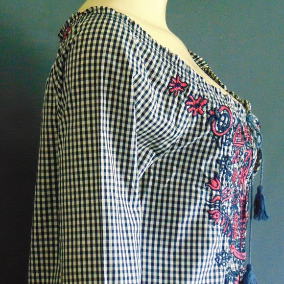 3J Workshop Johnny Was Navy Check Pink Floral Embroidery Off Shoulder Top Sm - Picture 8 of 12